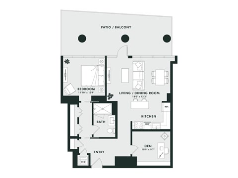 A floor plan of a house with a living room, dining room, kitchen, bathroom, and entry.